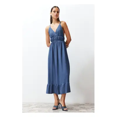 Trendyol Indigo Straight Skirt Ruffled V-Neck Strap Maxi Ribbed Flexible