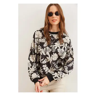 Olalook Women's Floral Black Basic Soft Textured Casual Sweatshirt