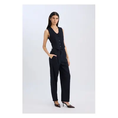 DEFACTO Darted Classic Navy Blue Trousers Wide Leg Wide Leg Basic Plain Pocket High Waist