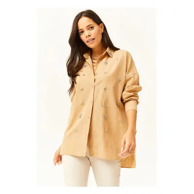 Olalook Women's Six Oval Woven Shirt with Camel Collar and Stones on the Front