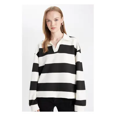 DEFACTO Oversize Wide Pattern Striped Polo Neck Thick Sweatshirt