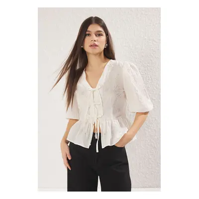 Trendyol Ecru V Neck Embroidered Front Tie Detail Woven Shirt