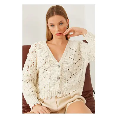 Bianco Lucci Women's V-Neck Pompom Three-Button Knitted Cardigan