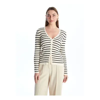 LC Waikiki V-Neck Striped Long Sleeve Women's Knitwear Cardigan