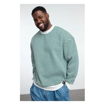 Trendyol Plus Size Green Oversize/Wide Cut Striped Inside Polar Fleece Sweatshirt