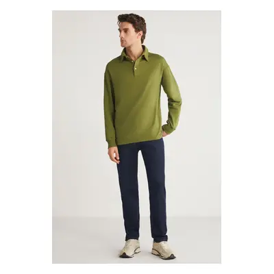 GRIMELANGE JOHN Men's Polo Sweat Shirt Collar Long Slit on the Back Diagonal Fabric Khaki Sweats