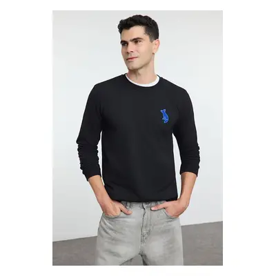 Trendyol Black Regular/Normal Cut Crew Neck Fox Patch Detail Sweatshirt