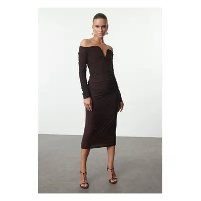 Trendyol Brown Body-Smoothing Carmen Collar Knitted Dress