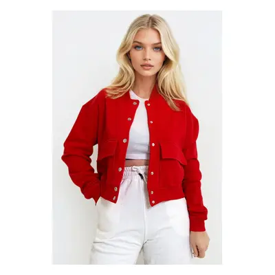 Trend Alaçatı Stili Women's Red Snap Closure Double Pocket Raster Crop Jacket