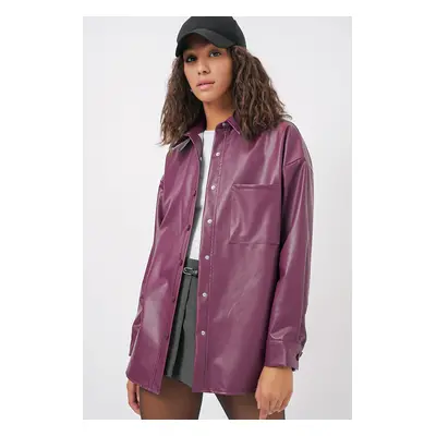 Bigdart Oversize Faux Leather Shirt - Plum