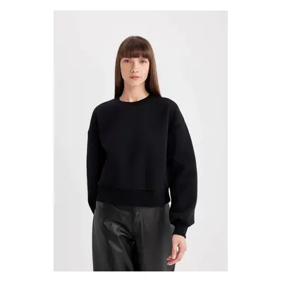 DEFACTO Black Boxy Fit Crew Neck Thick Basic Plain Sweatshirt