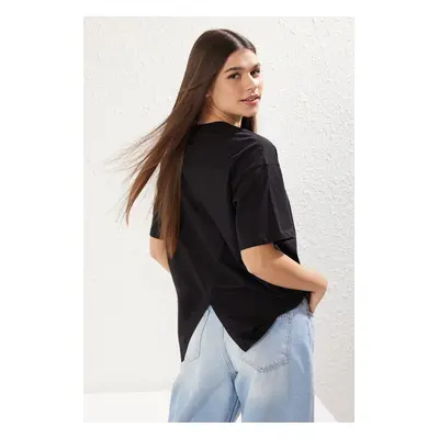 Trendyol Black 100% Jersey Oversize/Wide Cut Asymmetric Back Detailed Knitted T-Shirt