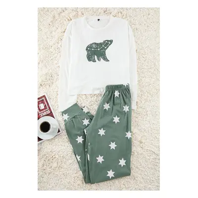 Trendyol Green 100% Cotton Star Patterned Knitted Pajama Set