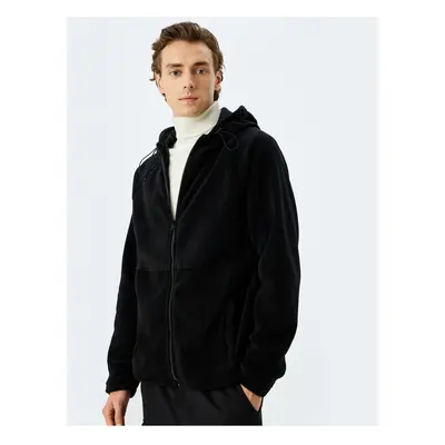 Koton Basic Pocket Hooded Polar Fleece Cardigan with Zippered Stitching Detail