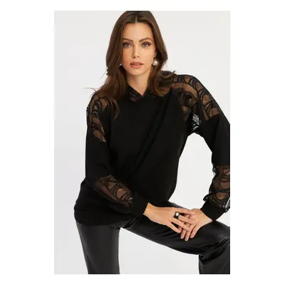 Cool & Sexy Women's Black Lace Detailed Hooded Sweatshirt BK58