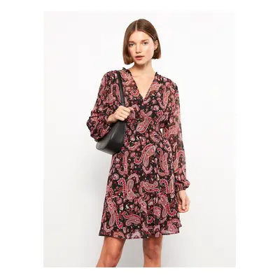 LC Waikiki V-Neck Patterned Long Sleeve Chiffon Women's Dress