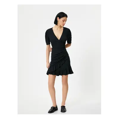 Koton Mini Ruffle Dress V Neck Double Breasted Balloon Sleeve