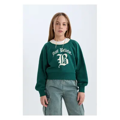 DEFACTO Girl Relax Fit Crew Neck Printed Soft Furry Sweatshirt