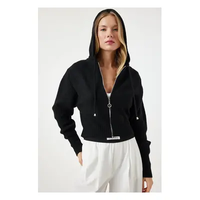 Happiness İstanbul Women's Black Hooded Zipper Knitwear Cardigan