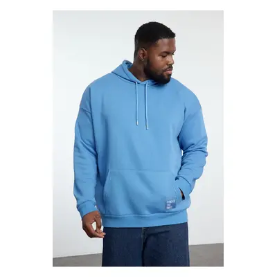 Trendyol Blue Plus Size Basic Comfortable Hooded Labeled Polar Fleece Inside Cotton Sweatshirt