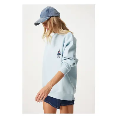 Happiness İstanbul Women's Sky Blue Embroidered Crest Raised Oversize Sweatshirt