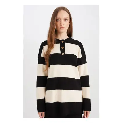 DEFACTO Regular Fit Polo Collar Buttoned Striped Sweater Tunic