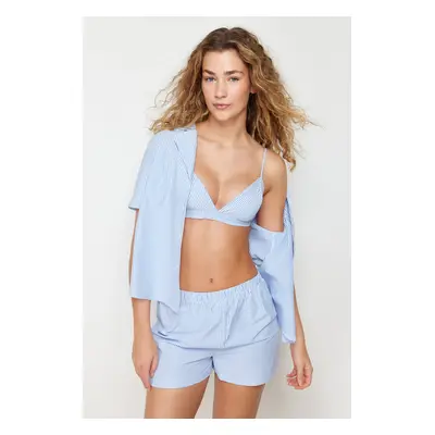 Trendyol Blue 3-Pack Cotton Striped Rope Strap Bra-Shirt-Shorts Woven Pajama Set