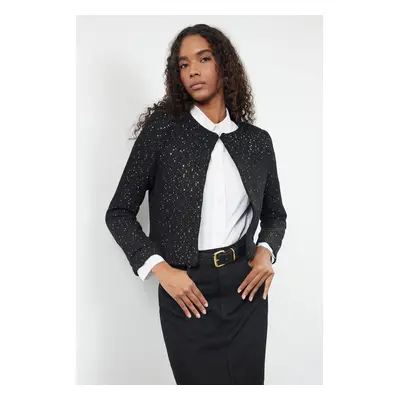 Trendyol Black Crop Lined Sequin Detailed Jacket-Look Knitwear Cardigan