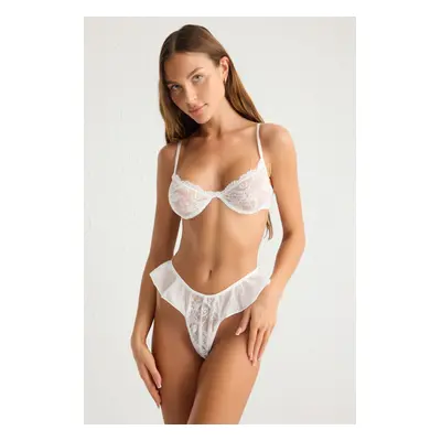 Trendyol Bride White Lace Openwork/Perforated Flounce Coverless Knitted Lingerie Set