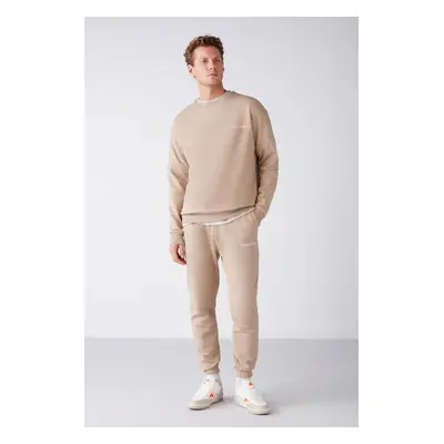 GRIMELANGE Marshall Men's Cotton Fleece Embroidered Relaxed Beige Tracksui