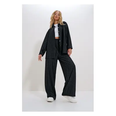 Trend Alaçatı Stili Women's Black-White Striped Shirt Jacket and Palazzo Pants Two Piece Set