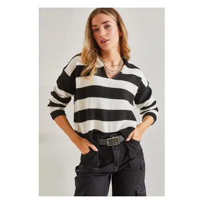 Bianco Lucci Women's Polo Neck Striped Sweater