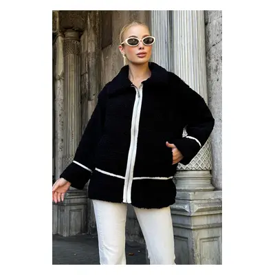 Trend Alaçatı Stili Women's Black Polo Collar Stripe Detailed Double Pocket Plush Jacket