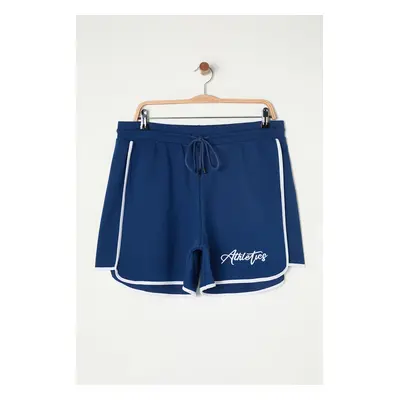 Trendyol Curve Blue Slogan Printed Piping Detailed Knitted Plus Size Shorts & Bermuda