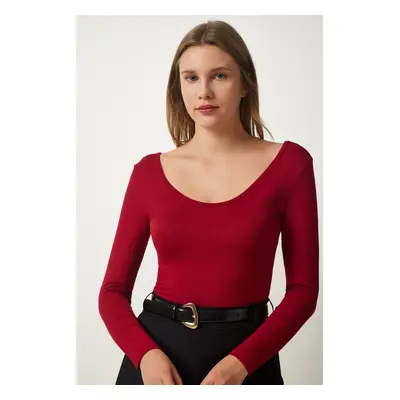 Happiness İstanbul Women's Burgundy Wide U Neck Viscose Knitted Blouse