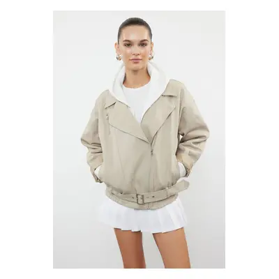 Trendyol Beige Oversize Belted Gabardine Biker Slim Jacket Coat