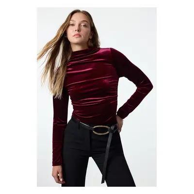 Trendyol Burgundy Velvet Draped High Collar Fitted Regular Length Knitted Blouse