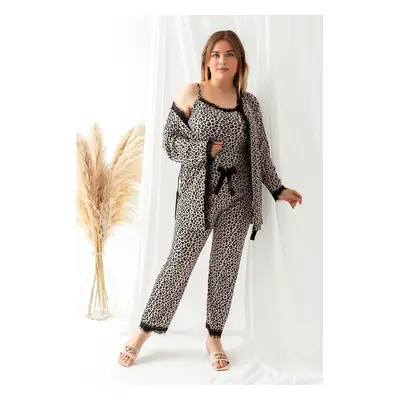 Trendyol Curve Multicolor Leopard Print 3-Pack Knitted Pajamas Set with Lacing and Lace Detail