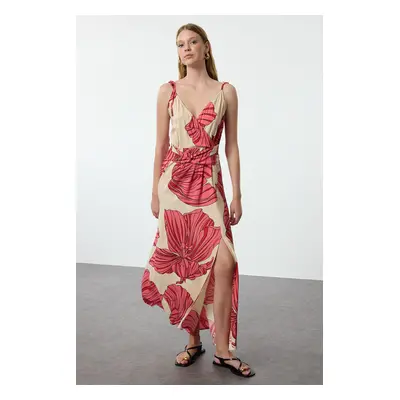 Trendyol Pomegranate Blossom Floral Patterned Double Breasted Slit Detailed Maxi Woven Dress