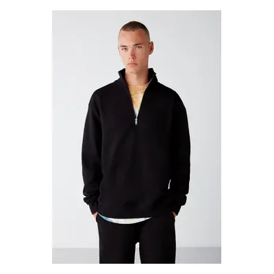 GRIMELANGE Frame Men's Half Zipper Stand Collar Soft Fabric Polar Fleece Regular Black Sweatshir