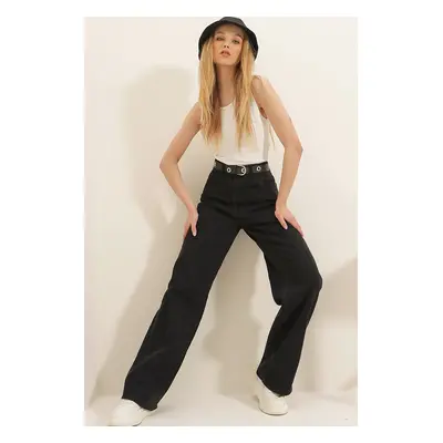 Trend Alaçatı Stili Women's Black High Waist Loose Cut Denim Trousers