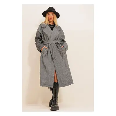 Trend Alaçatı Stili Women's Anthracite Double Pocket Unlined Belted Cashmere Coat