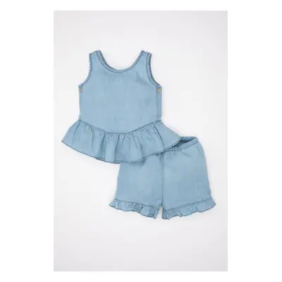 DEFACTO Baby Girl Jean Look Sleeveless Ruffle Blouse and Shorts Set of