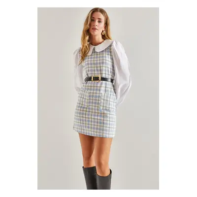 Bianco Lucci Women's Belted Plaid Patterned Collar Dress