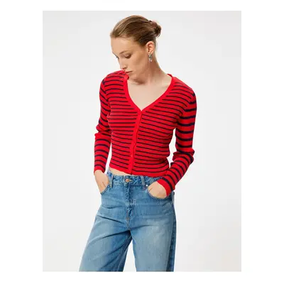 Koton V Neck Ribbed Long Sleeve Buttoned Knitwear Cardigan