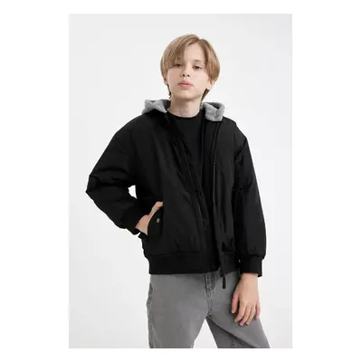 DEFACTO Boys Water Repellent Detachable Hood College Collar Zippered Ribbed Sleeve Bomber Jacket