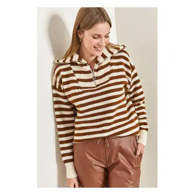 Bianco Lucci Women's Turtleneck Zipper Striped Oversize Knitwear Sweater