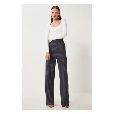 Happiness İstanbul Women's Anthracite Striped Casual Woven Trousers