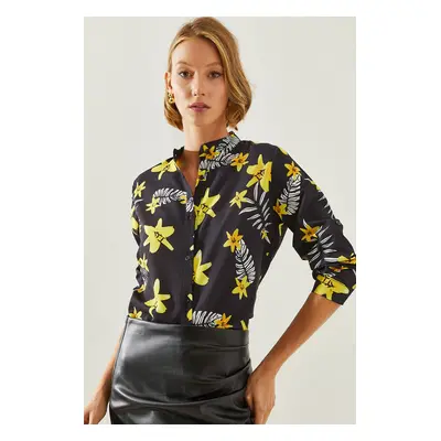 Bianco Lucci Women's Floral Patterned Long Sleeve Mandarin Collar Shirt