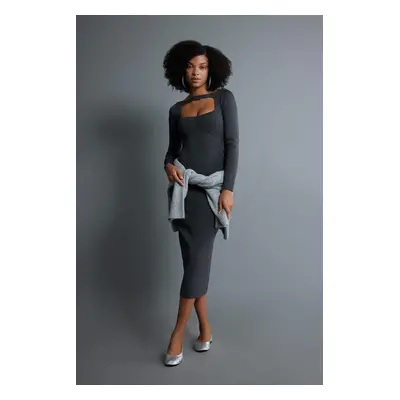 DEFACTO Slim Fit Square Neck Long Sleeve Knitted Midi Dress